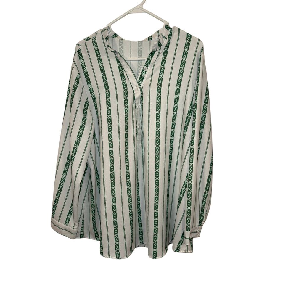 Women’s white and green striped long-sleeve blouse 2XL